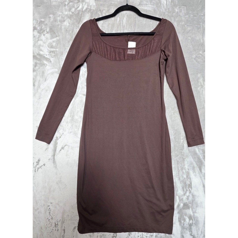 Hugo Buscati Collection Brown Sheath Dress Mesh Neckline Long Sleeve Womens S
